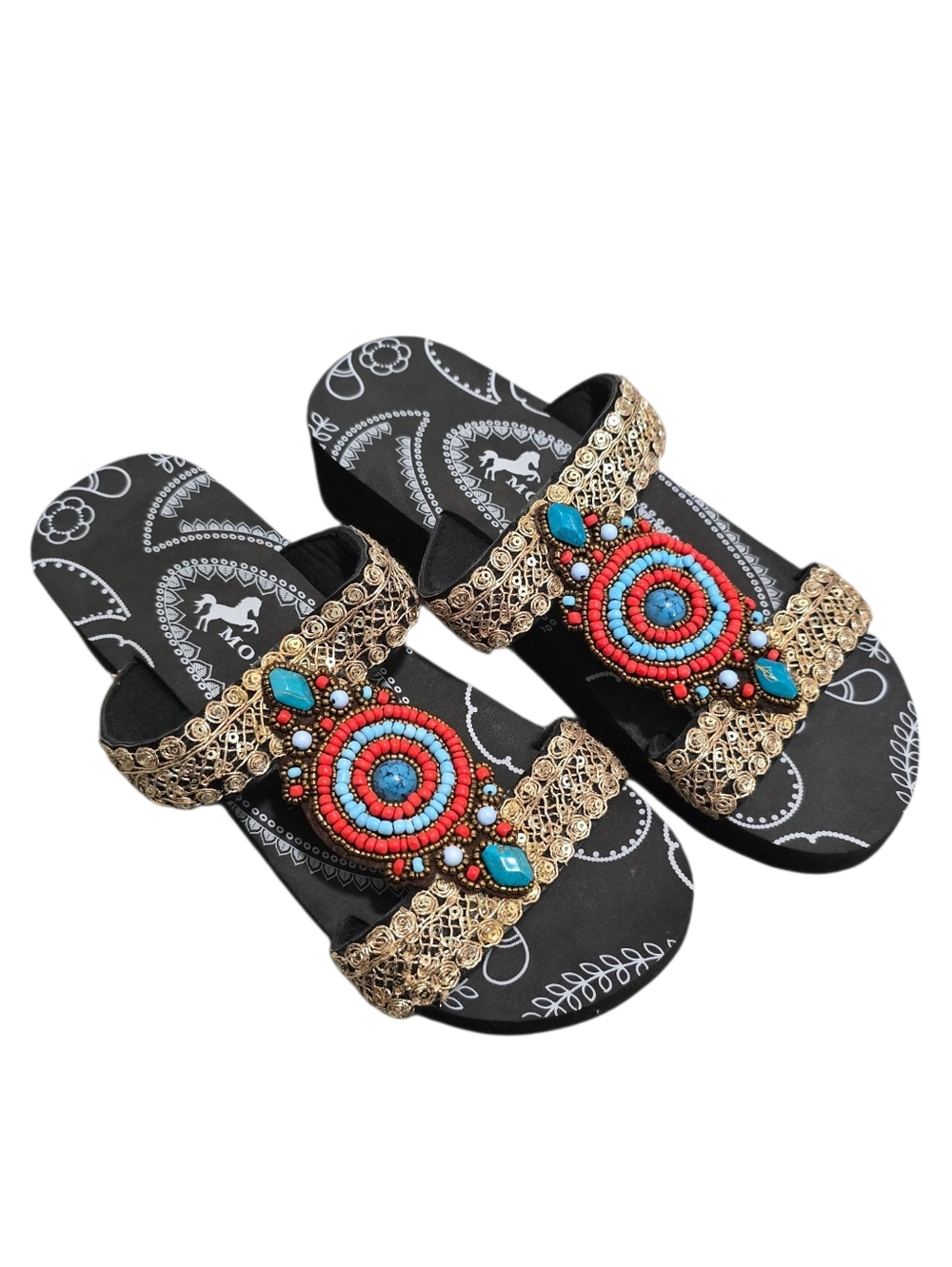 Women's Black Beaded Slide Sandals with Turquoise & Coral Accents